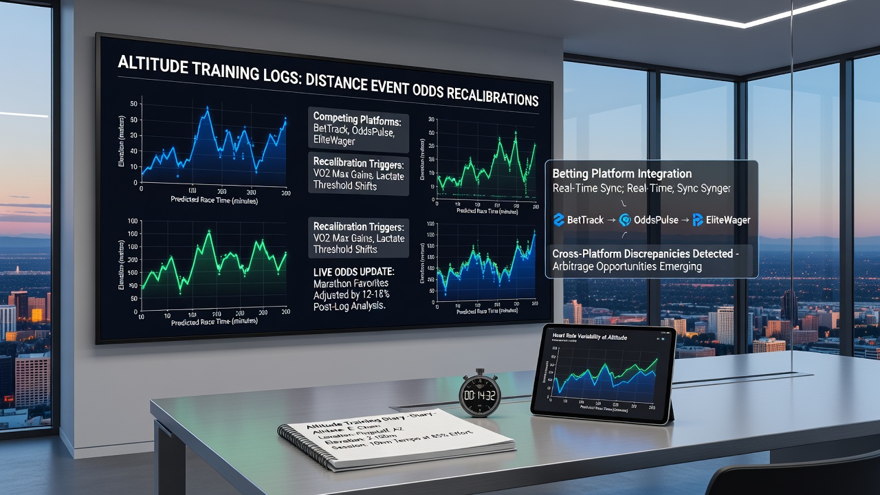 Athletes training at high altitude with performance monitoring equipment and data logs being analyzed for betting platform updates