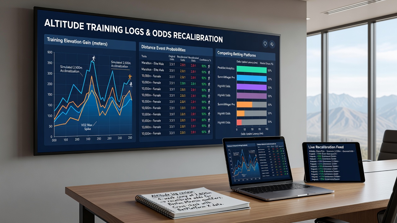Betting platform dashboard showing real-time odds adjustments for distance events based on incoming altitude training data