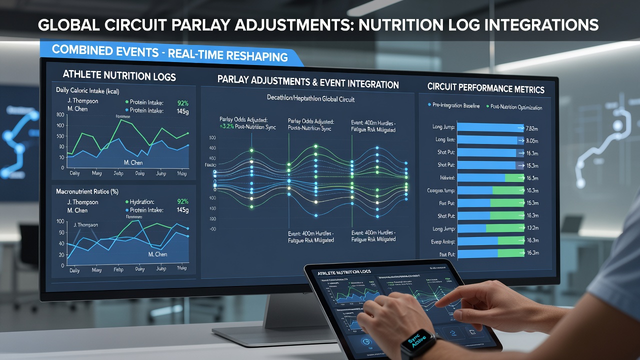 Athletes reviewing nutrition data during a combined events training session at a global athletics circuit