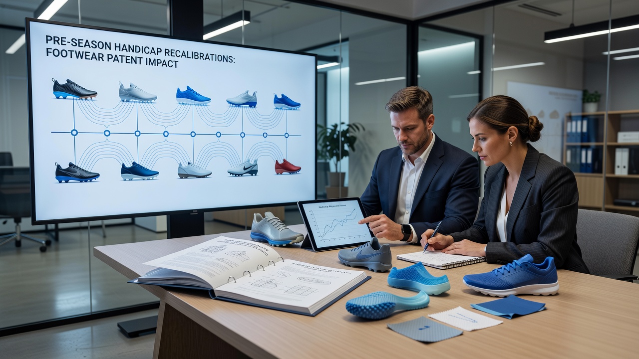 Data analysts reviewing performance metrics linked to new shoe patents