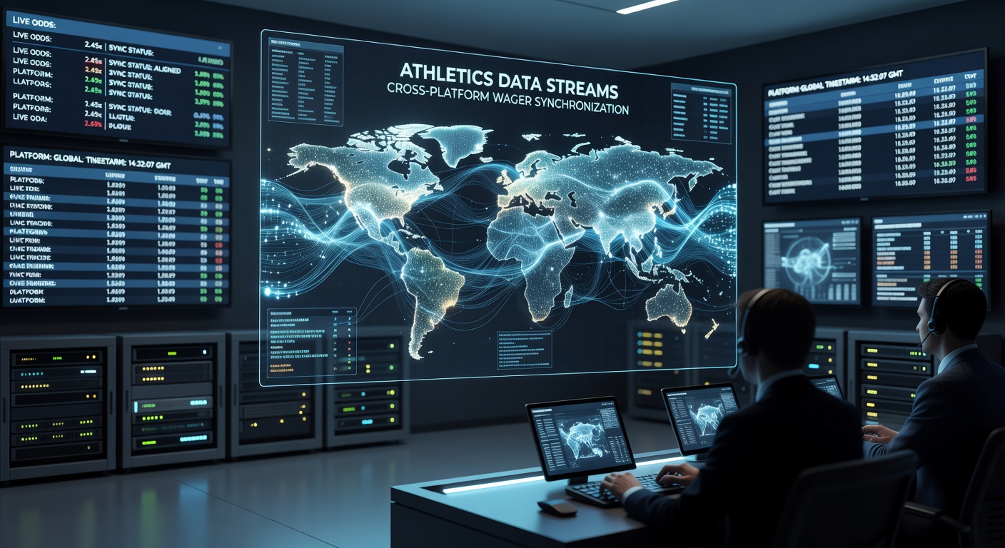 Network diagram showing athletics data moving from stadium sensors to multiple international betting platforms