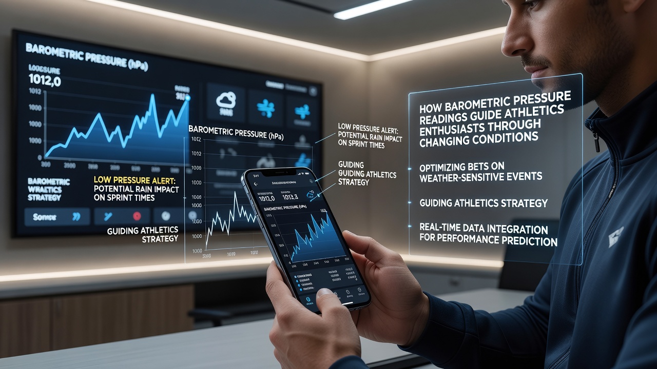 Close-up of mobile betting screen displaying barometric pressure trends next to athletics event odds at an outdoor stadium