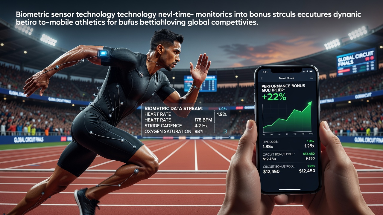 Athlete wearing biometric monitoring sensors during a track event with mobile betting interface overlay