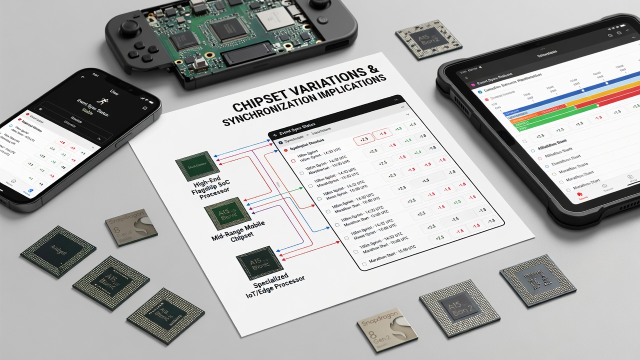 Handheld devices displaying athletics betting interfaces with visible chipset performance indicators during live event synchronization