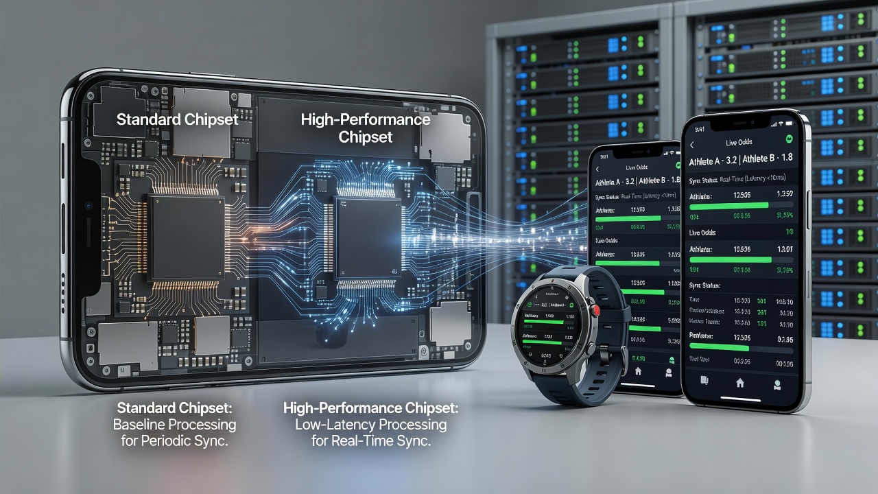Close-up view of mobile chipset architecture diagrams overlaid on athletics event timing graphics