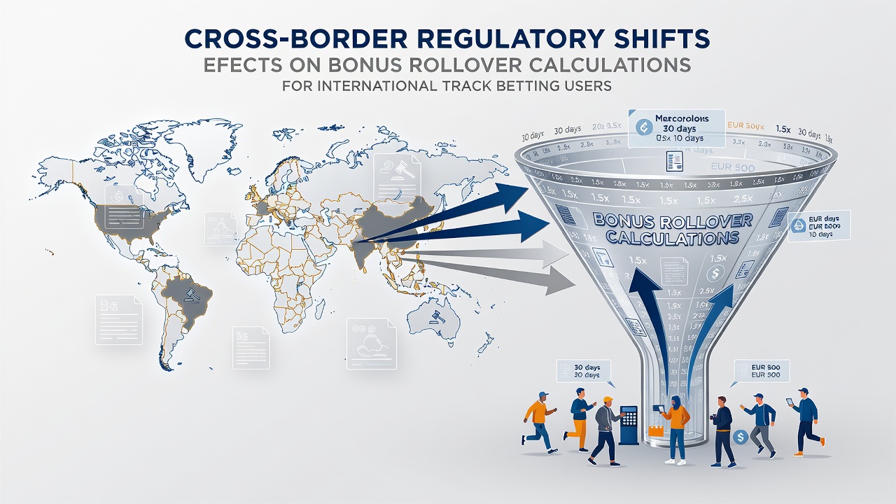 Regulatory documents and betting interface showing cross-border bonus adjustments for track events