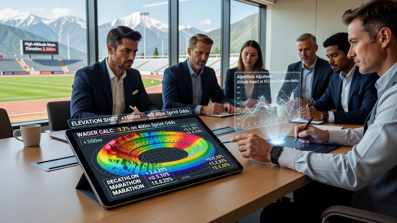 High-altitude athletics track with elevation data overlays used in performance modeling