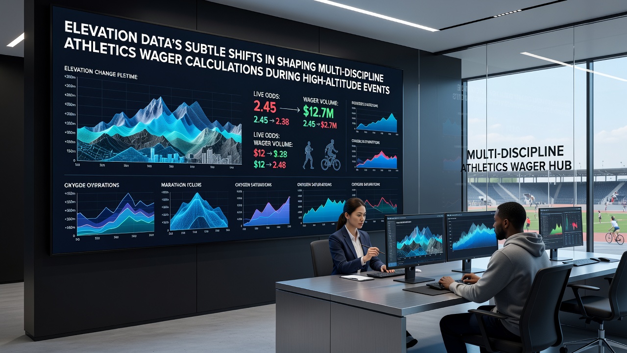 Athletes competing in combined events at a high-altitude stadium with data visualization overlays