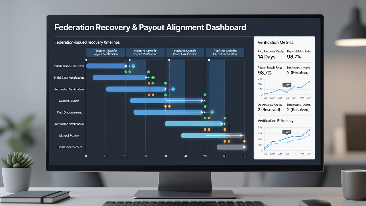 Digital interface showing aligned federation recovery data and platform payout verification status for an athletics tour event