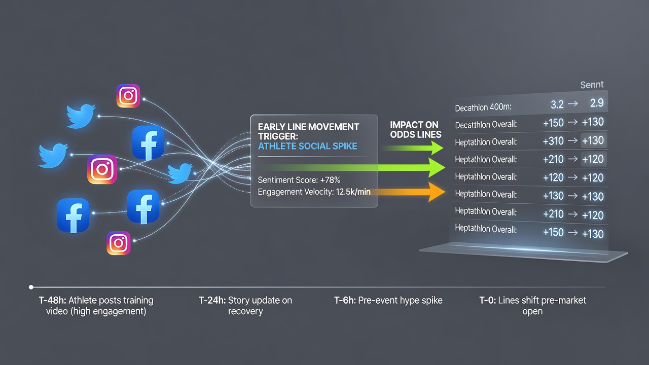 Betting analysts reviewing social media signals that precede early odds adjustments in multi-discipline athletics events