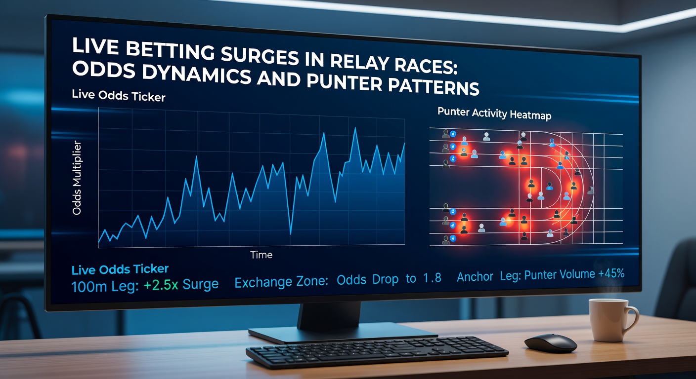 Runners in a relay race exchanging baton mid-stride during a high-stakes athletics event, capturing the intensity of live betting moments