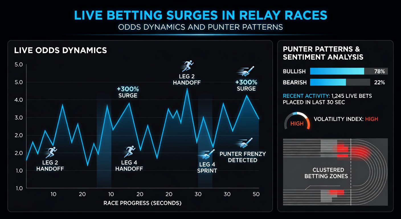 Close-up of a dramatic baton drop in a relay race, illustrating the pivotal moments that trigger massive odds shifts and betting surges