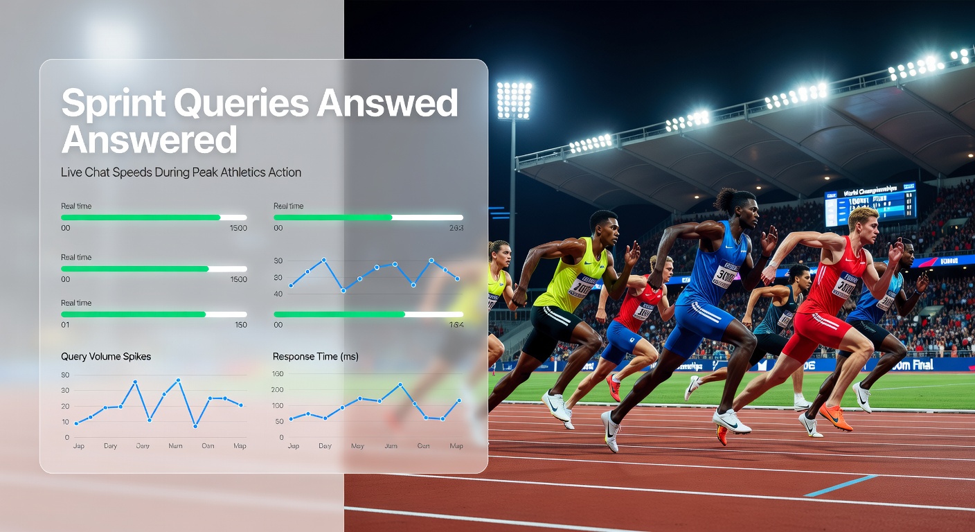Runners exploding off the blocks in a high-stakes 100m sprint final, with a live chat window overlay showing urgent betting queries flooding in