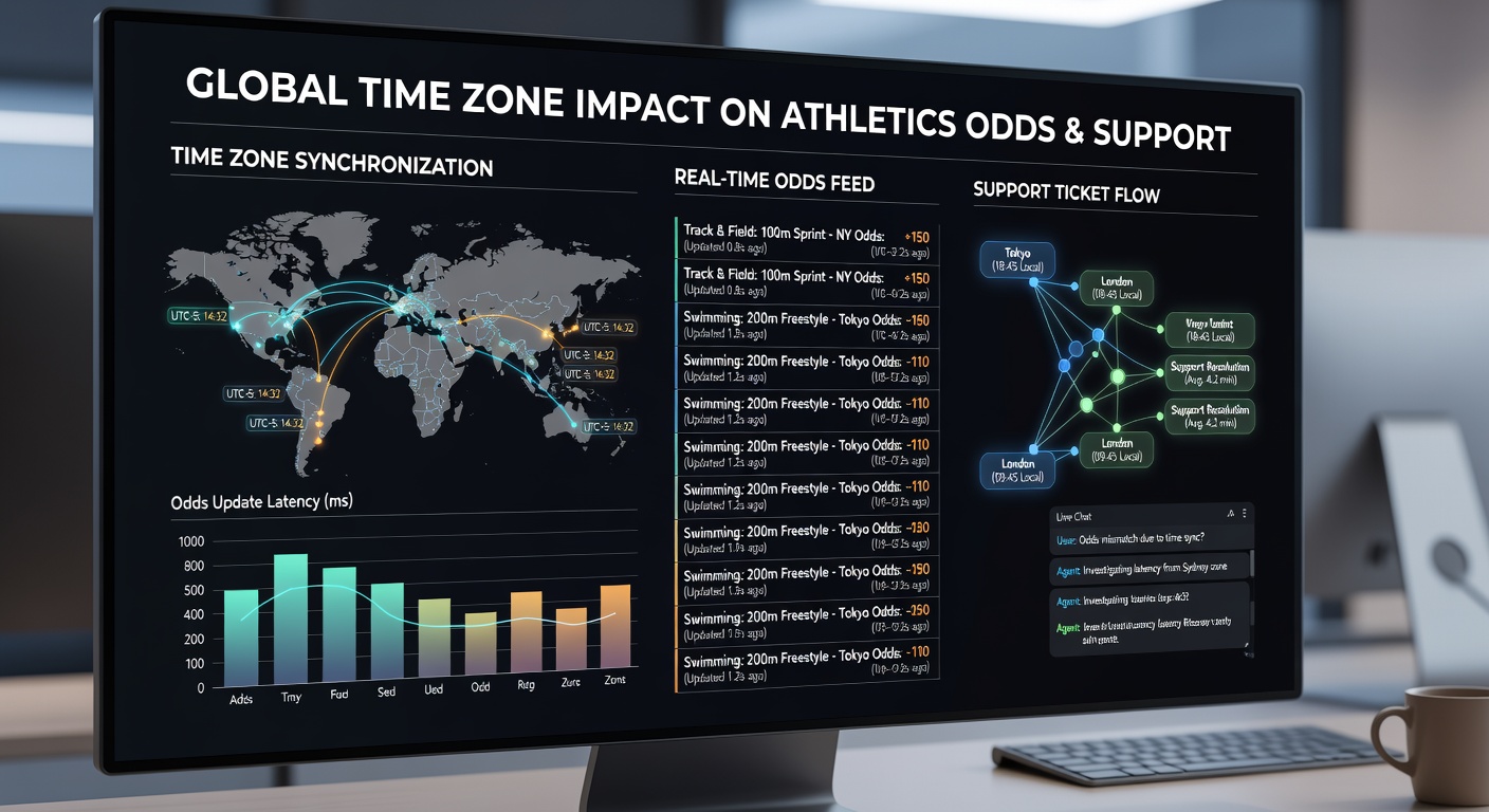 Support team members at desks in different global locations handling athletics betting queries with time zone clocks visible