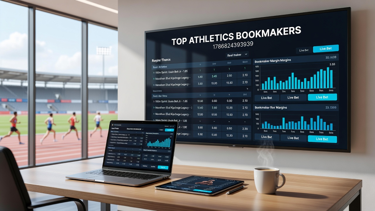 Comparison chart of athletics bookmakers showing odds examples and user interface elements for event betting